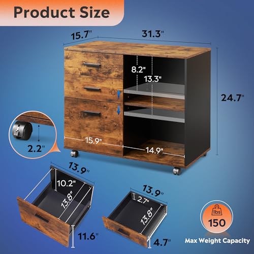 DEVAISE 3 Drawer Mobile File Cabinet, Wood Lateral Filing Cabinet, Printer Stand with Open Shelves for Home Office, Rustic Brown