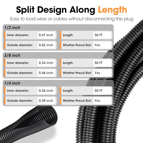 Wire Loom 1/4", 1/2", 3/8 Inch x 50 FT, Split Wire Loom Tubing Wire Conduit, Cable Sleeves Bulk Flexible Electrical Conduit Protective kit