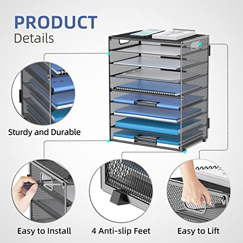 DALTACK 9-Tier Paper Organizer for Desk, Mesh Letter Tray Desk Organizer with Handles, Space-Saving File Organizer for Office Home School Classroom, Black