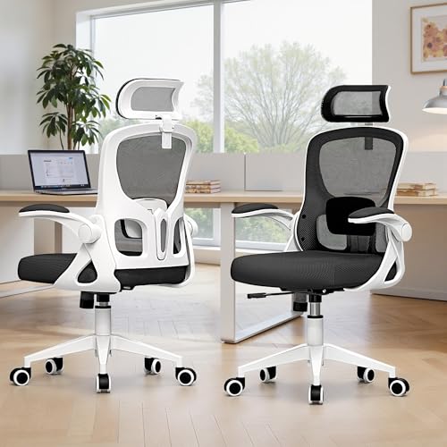 Ergonomic Office Chair, High Back Desk Chair with Flip-up Arms, 300 LBS Mesh Computer Chair with Adjustable Headrest & Lumbar Support, Comfy Gaming Chair for Adults, Home Office Desk Chairs (White)