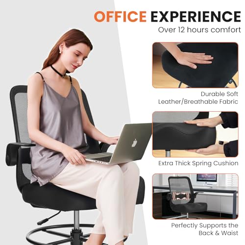 Drafting Chair 500LBS – Tall Office Chair with Adjustable Height & Foot Ring for Standing Desk, Ergonomic Mesh Chair with Flip-Up Armrests, Thick Curved Seat for Home Office & Creative Work