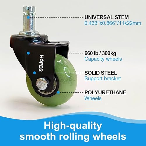 HOPES Office Chair Wheels Replacement Set of 5 – Heavy Duty Rubber Casters, Smooth & Quiet Rolling for Hardwood Floors and Carpet, Universal Stem, No Floor Mat Needed (Glow Green, 2inch-660lbs)