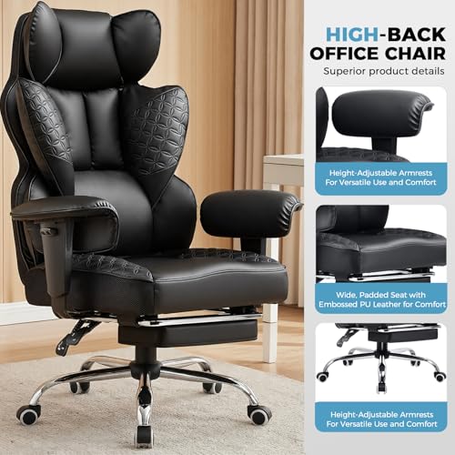 COMHOMA Big and Tall Office Chair Heavy Duty Wide Ergonomic Gaming Chair with Deluxe Embossing Designed Leather with Foot Rest,150°Reclining Adjustable Armrests Pocket Spring Back Support and Pillow