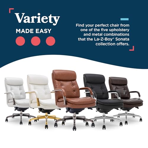 La-Z-Boy Sonata Executive Mid-Back Office Chair, Button-Tufted Seat and Back, Double-Layer Cushion, Padded Armrests, Ergonomic Computer DeskChair, Swivel Metal Base, Bonded Leather, Cognac/Graphite