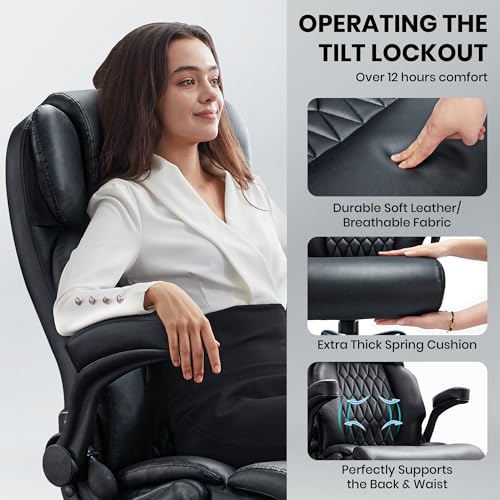 500lbs Big and Tall Office Chair Adjustable Lumbar Support for Back Pain, Extra Wide Seat Executive Office Chair Thick Armrest Pad, Heavy Duty Base&Upgraded Wheels, Ergonomic Comfy Computer Desk Chair
