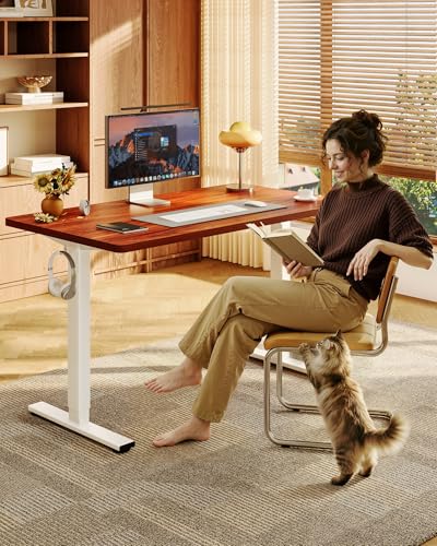 FLEXISPOT EN1 One-Piece Standing Desk with 1-Inch Thick Seamless Desktop, 55"x28" Electric Height Adjustable Desk for Home Office, Multi-Monitor Setups & Easy Assembly, Mahogany