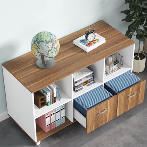Tribesigns 63 inches Executive Desk and 47" lateral File Cabinet, L-Shaped Computer Desk Home Office Furniture Set with Drawers and Storage Shelves, Office Table with Cabinet (Walnut+White, 63)