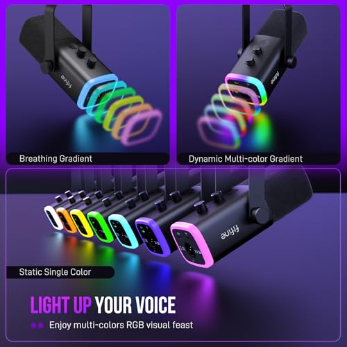 FIFINE XLR/USB Gaming Microphone Set, Dynamic PC Mic for Streaming Podcasting, Computer RGB Mic Kit with Boom Arm Stand, Mute Button, Headphones Jack, for Recording Vocal Voice-Over-AmpliGame AM8T