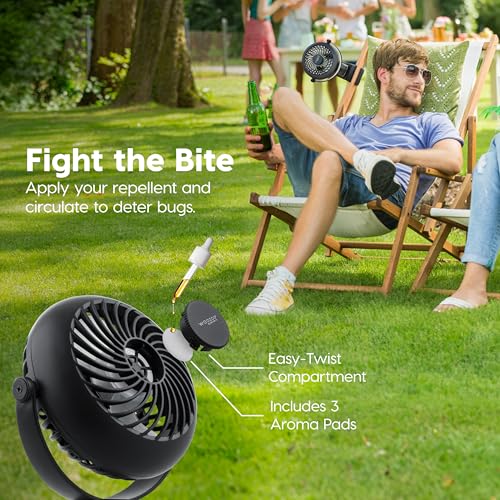IRIS USA WOOZOO 3.5" Cordless Portable Clip On Fan, USB-C Rechargeable Fan, LED Light, Mosquito Repellent Tray, 360° Tilt, 3 Speeds,Bedside Kitchen Camping Golfing Outdoor Use, White