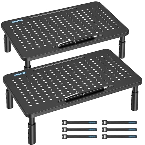 BONTEC Monitor Stand for Desk 2 Pack, 3-Level Height Adjustable Metal Monitor Riser, 14.5 x 9.1 in Ergonomic Computer Stand with Pen Holder & Cable Management for Printer, Laptop, Office Workstation