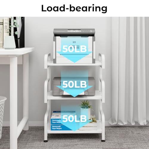 Natwind 3-Tier Printer Stand with Wheels Movable Storage Cart Floor-Standing Multi-Purpose Shelf Rack for Media Player Scanner Files Books Microwave Oven in Kitchen Living Room Home Office (White)