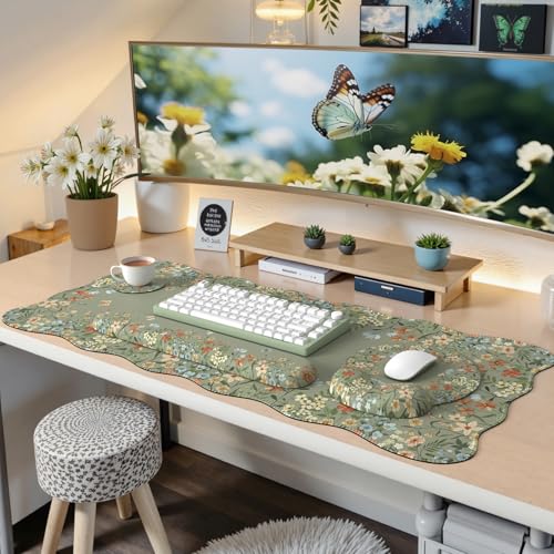 iCasso Desk Mat Set,Large Mouse Pad with Wrist Rest,Ergonomic Keyboard Wrist Support for Women,Girly Floral Computer Mat with Scalloped Edges,Non-Slip Desk Pad Home Office Gaming (Green)