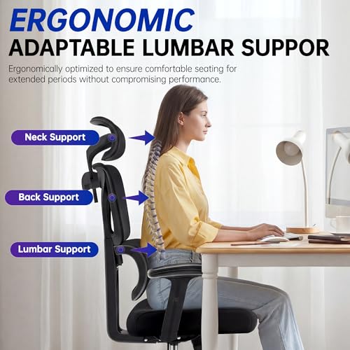 Hayelf Ergonomic Office Chair, High Back Mesh Computer Chair with Comfortable Adaptive Lumbar Support, Built-in Coat Hanger, SGS Class 4 Gas Lift, Heavy Duty 300lbs for Long Hours Home Office, Black