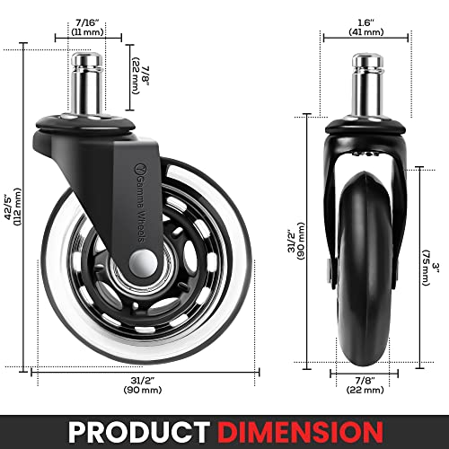 Premium Gamma Office Chair Wheels Black, Pack of 5, 7/16 x 7/8 Inch – Heavy Duty Chair Wheels Replacement for Scratch-Free, Smooth & Silent Rolling – Suitable for Floors & Carpet