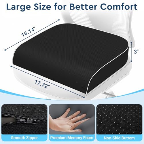 SofterCharm Seat Cushion, Memory Foam Office Chair Cushions for Long Sitting Hours, Chair Pad for Sciatica, Coccyx, Tailbone, Hip Pain & Pressure Relief, Office, Home, Car Seats, Airplane, Black/Large