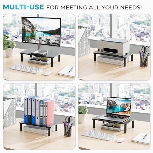 BONTEC Monitor Stand for Desk 2 Pack, 3-Level Height Adjustable Metal Monitor Riser, 14.5 x 9.1 in Ergonomic Computer Stand with Pen Holder & Cable Management for Printer, Laptop, Office Workstation