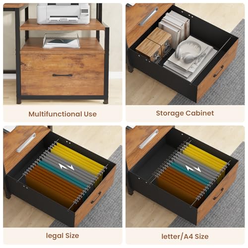 SEDETA Home Office Desk with File Drawer & Power Outlet, 66'' Computer Desk with 5 Drawer, Storage Shelves, Printer Cabinet and Monitor Shelf, Gaming Desk with Led Lights, Rustic Brown