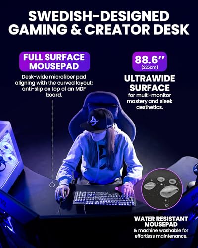 Arozzi Arena Angelo Gaming Desk with Storage - 88.6x28” Corner Desk - Curved Design Table, Fits 3 Large Screens with Adjustable Height - Full-Surface Mousepad - Gunmetal