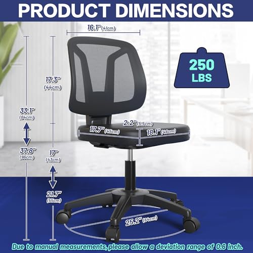 Armless Office Desk Chair No Arms with Back Support Rolling Wheels for Home Study Work
