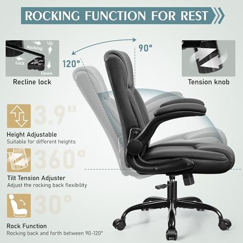 Leather Office Chair, PU Home Computer Desk Chairs with Ergonomic Back Support, 360°Swivel Free，Small Gmaing Chair with Wheels and Adjustable Armrests, for Short People Use, Black