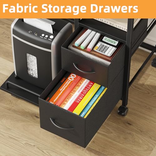 YAOHUOO Printer Stand with Power Outlet/Fabric Drawers, Printer Cabinet with Storage Shelf and Rolling Shredder Stand, Printer Table for Home Office, 22.8"×15" Black