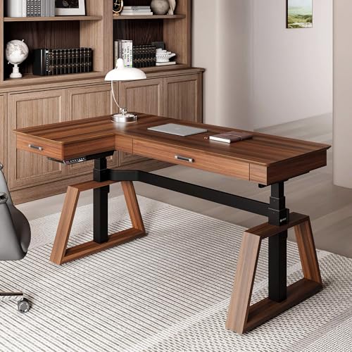 EUREKA ERGONOMIC L Shaped Desk 63", Solid Walnut Wood Top, Executive Standing Desk Adjustable Height, Dual Motor Corner Workstation with Drawers & Monitor Shelf for Home Office, Left