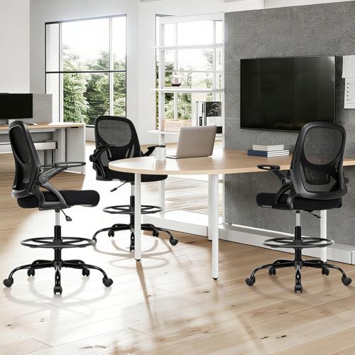 shipborne Drafting Chair, Tall Office Chair with Adjustable Footrest Ring, Standing Desk Chair with Flip-Up Armrests, Breathable Mesh High Desk Chair for Counter Height Desk, Black