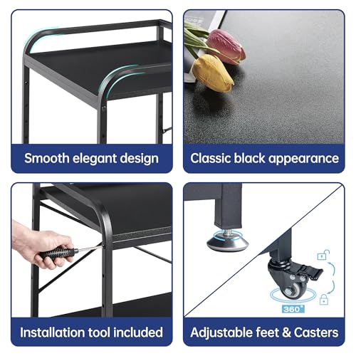 Fannova 2 Tier Under Desk Printer Stand with Storage, 20 Inches Deep Large Printer Table with Height Adjustable Shelf, Rolling Printer Cart with Wheels for Home Office - Black