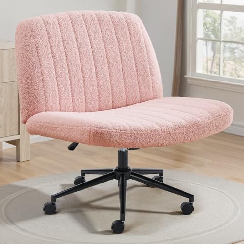 OLIXIS Criss Cross Chair with Wheels Wide Cross Legged Office Desk Vanity Chair Comfy Fabric Armless Adjustable Swivel for Home Computer Task Teddy Pink