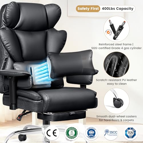 Stella Mia Big & Tall Office Chair 400 lbs – 21.3" Wide Seat High Back Ergonomic Executive Chair with Retractable Footrest, Heavy Duty Computer Gaming Chair for Heavy People, Black