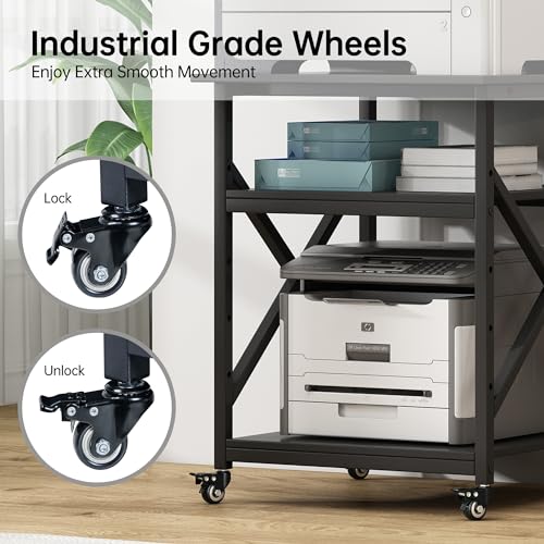 Fannova Printer Stand, 23.6 x 23.6 x 30.1 Inches Large Square Printer Table with Height Adjustable Storage Shelf, 3 Tier Rolling Printer Cart with Industrial Wheels for Home Office - Black