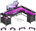 Furologee 66" Reversible L Shaped Gaming Desk with 6 Drawers & Printer Storage Shelves, Corner Computer Desk with Power Outlets & LED Lights, Home Office Table with Monitor Stand, Black