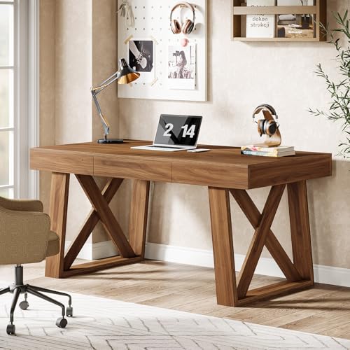 Tribesigns 55-inch Computer Desk with Drawer, Retro Walnut Big Home Office Desk, Modern Executive Desk Writing Desk Workstation Table for Home