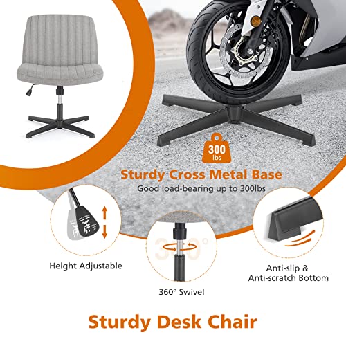 Sweetcrispy Criss Cross Chair Legged, Armless Office Swivel Desk Chairs No Wheels, Vanity Height Adjustable Wide Seat Comfy Cute Computer Task Seating for Home Bedroom, Grey