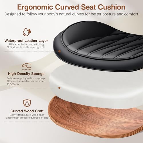 Ergonomic Armless Office Desk Chair - Mid-Century Modern Black Faux Leather with Diamond Stitch, Adjustable Height Swivel Rolling Task Computer Chair with Walnut Accent for Home Office, Study & Work