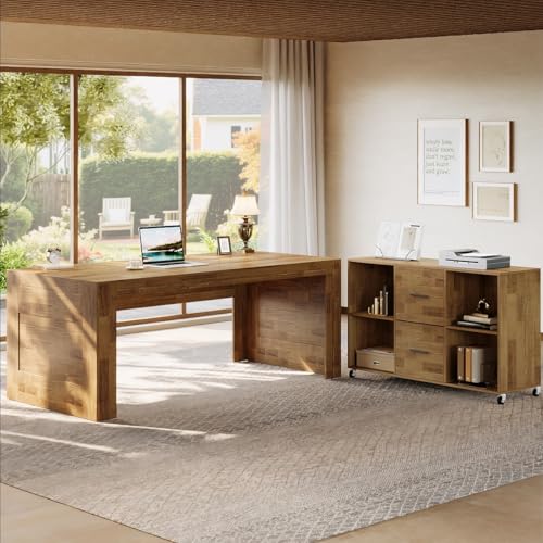Tribesigns 63" Executive Desk with File Cabinet, L-Shaped Office Desk with Drawers and Storage Shelves, Business Combo Furniture, Computer Desk Set for Home Office, Brown