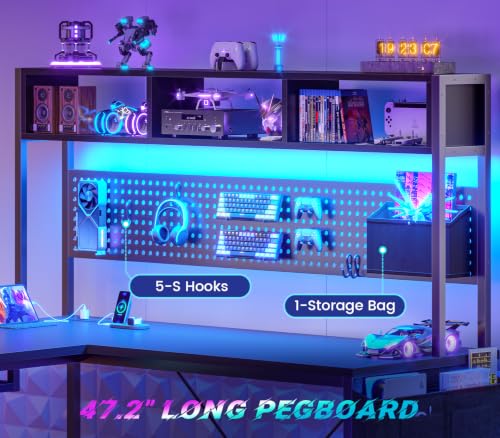 SEDETA L Shaped Gaming Desk, Reversible Computer Desk with Power Outlet and Pegboard, Gaming Desk with Led Lights, Keyboard Tray and Storage Bag for Home Office, Black