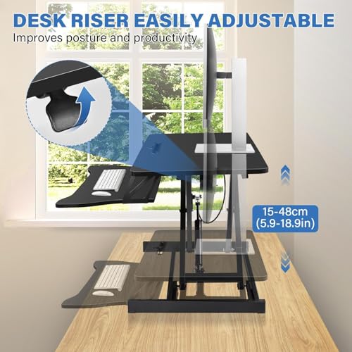 37" Height Adjustable Standing Desk Converter, Two Monitor Stable Stand up Desk Converter, 5.9"-18.8" Height Adjustable Laptop Workstation with Keyboard Tray, Desktop Riser for Home and Company