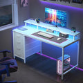DUMOS 47 Inch Computer Desk 4 Drawers Gaming Desk Power Outlets LED Lights Office Workstation Small Spaces Monitor Shelf Writing Table Home Office Bedroom Study White