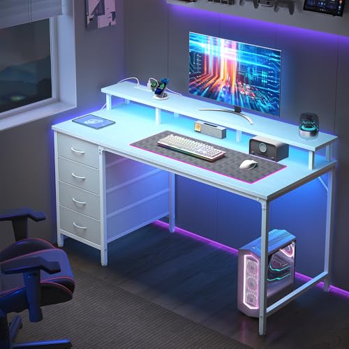 DUMOS 47 Inch Computer Desk 4 Drawers Gaming Desk Power Outlets LED Lights Office Workstation Small Spaces Monitor Shelf Writing Table Home Office Bedroom Study White