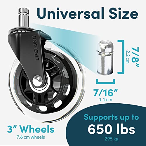 Lifelong Original Office Chair Wheels (As Seen On CNN) Replacement Rubber Chair Casters for Hardwood Floors and Carpet, Set of 5, Heavy Duty Casters for Chairs to Replace Office Chair Mats - Fits 98%