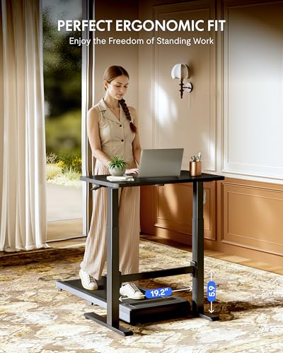 FLEXISPOT H7 Plus Gas Spring Adjustable Standing Desk, Mobile Rolling Sit-Stand Workstation with Wheel, Cordless Stand Up Desk for Small Room & Home Office 32" One-Piece Desktop Black,height 27.6"–45"