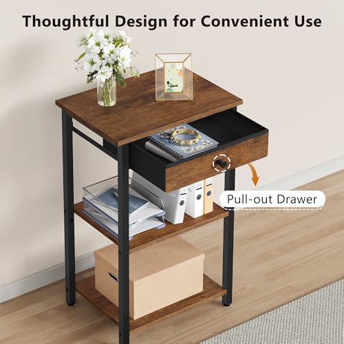 Gewudraw Printer Stand with Storage Drawer, 3-Tier Under Desk Printer Table, End Table for Home Office, Living Room, Bedroom, Brown