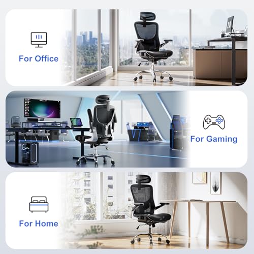 marrap Ergonomic Office Chair, Mesh Seat Cushion with 3D Armrests and 3D Headrest, Adjustable Lumbar Support with 90-120° Rocking Function for Home Office, Black