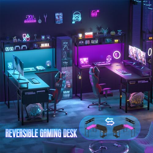 Besiost Small L Shaped Desk Gaming Desk with Power Outlets, 48" Reversible L Shaped Computer Desk with Monitor Stand & Storage Shelf, Corner Gamer Desk Home Office Desk with Storage Bag, Black