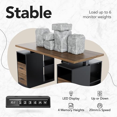 HUANUO 55" Standing Desk with Drawers, Executive Electric Height Adjustable Stand Up Desk with Storage, Computer Workstation for Home Office, Black Walnut