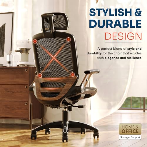 GABRYLLY Ergonomic Office Chair, High Back Home Desk Chair with Headrest, Flip-Up Arms, 90-120° Tilt Lock and Wide Cushion, Big and Tall Mesh Chairs for Man Woman, Black Task Chair(Dark Woodgrain)