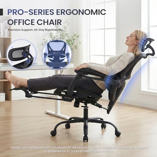 MALOL Ergonomic Mesh Office Chair with Footrest, Executive High Back Computer Desk Chair with 3D Adjustable Headrest & 5-Level Lumbar Support, Reclining Tilt Lock, 3D Arms, 300LBS Capacity, Black
