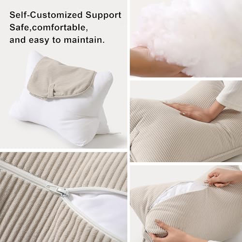 Ailuteie Pat. Pend. Corduroy Lumbar Support Back Pillow for Watching TV, Reading & Gaming, Ergonomic Triangle Support Cushion for Sofa, Armchair & Bed Sitting, Removable Washable Cover, Beige Gray