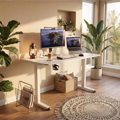 Furmax Electric Standing Desk, 45 x 24 Inches Height Adjustable Sit Stand up Desk, Memory Preset Computer Home Office Desks with Sturdy Metal Frame, Phone Stand Cable Management Hole (White, 45'')